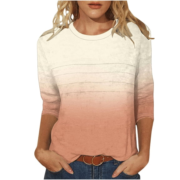 aidice Shirts for Women Casual 3/4 Sleeve Round Sleeve Comfy Fitting Gradient Color Tee Shirts Size S-XXL