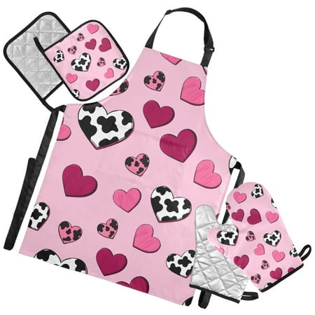 Ryvnso Cute Hearts Kitchen Apron Oven Mitts Set Pot Holders