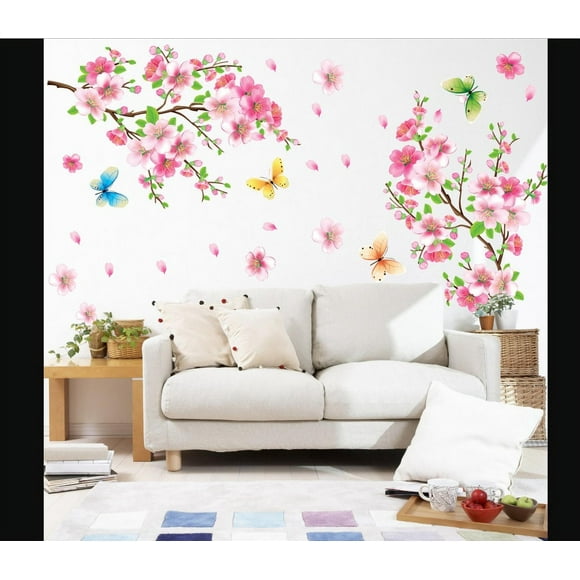 goowrom 3D Peach Flower Wall Sticker, Art Household Decorative Removable Wallpaper with Butterflies