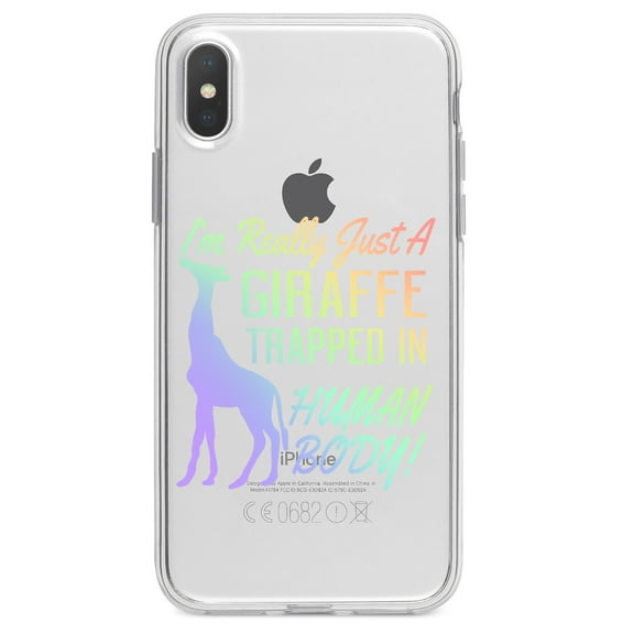 DistinctInk Clear Shockproof Hybrid Case for iPhone XR (6.1" Screen) - TPU Bumper Acrylic Back Tempered Glass Screen Protector - Just a Giraffe Trapped in a Human Body