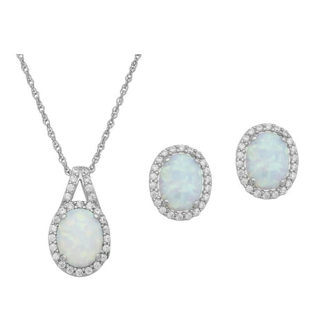 Sterling Silver Oval Cut Created Opal And Cubic Zirconia Accent Pendant and Earrings Set, 18 Chain