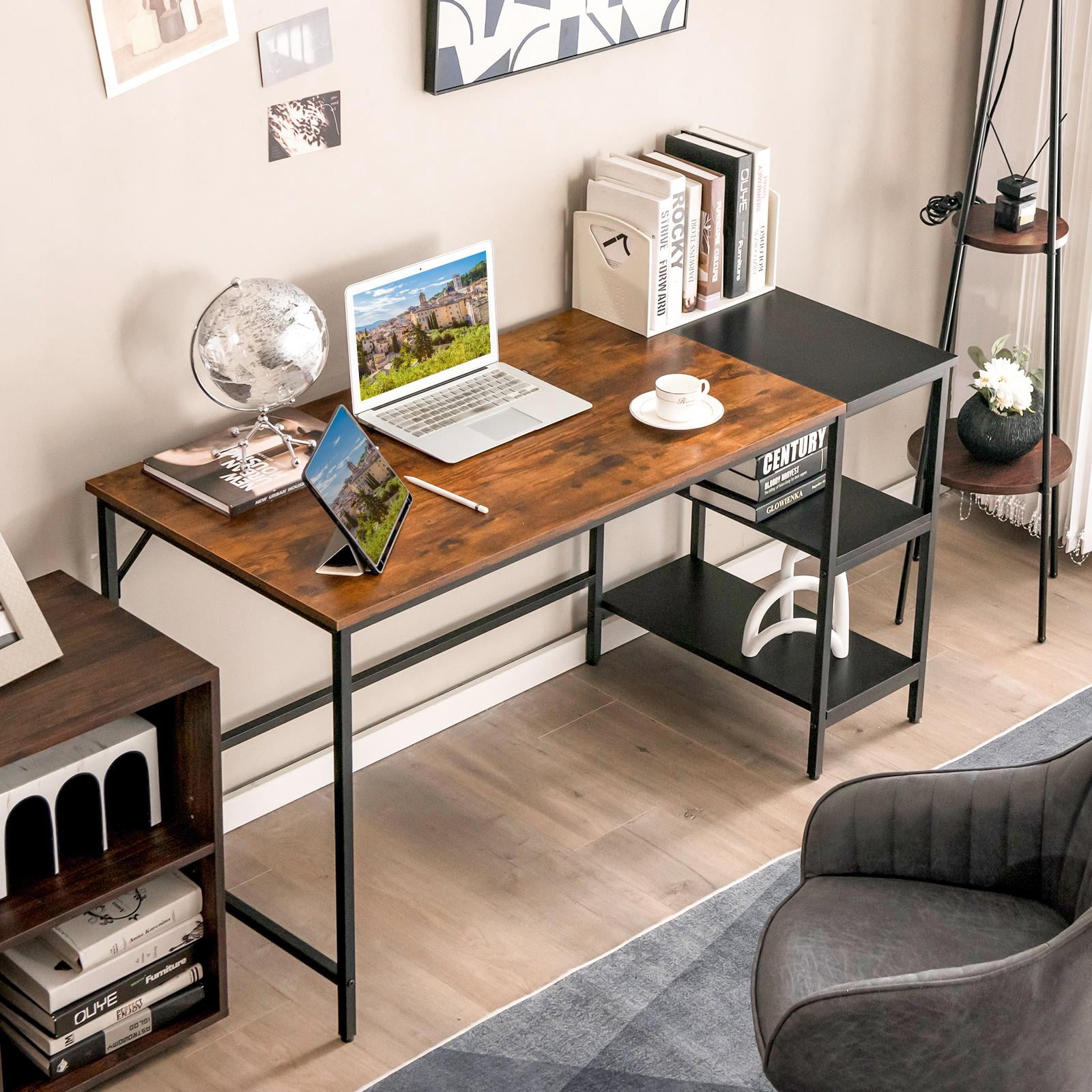 Giantex Large Computer Desk, PC Laptop Desk w/Storage Shelves, Industrial Home Office Desk for Writing, Studying, Gaming, Brown