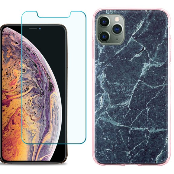 For Apple iPhone 11 Pro Max Case , Slim-Fit TPU Protective Phone Case (Pink Bezel) with Tempered Glass Screen Protector, by OneToughShield ® - Marble / Blue