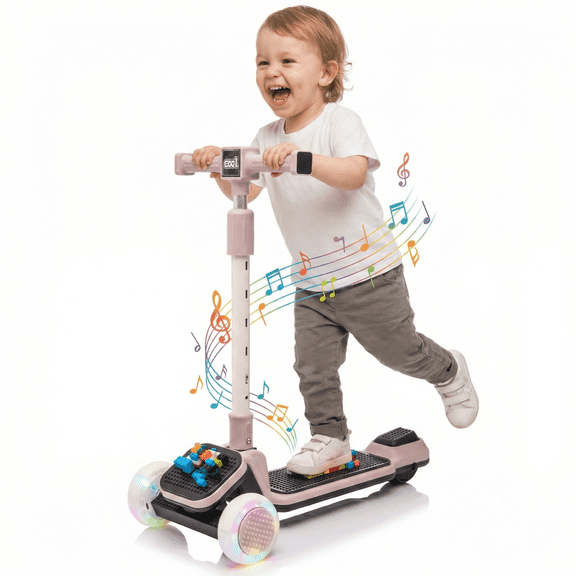 Kids 3-Wheel Scooter for Ages 3-9, Scooter for Kids with Flashing PU Wheels, Adjustable Handlebar, Foot Brake, Music and Lights