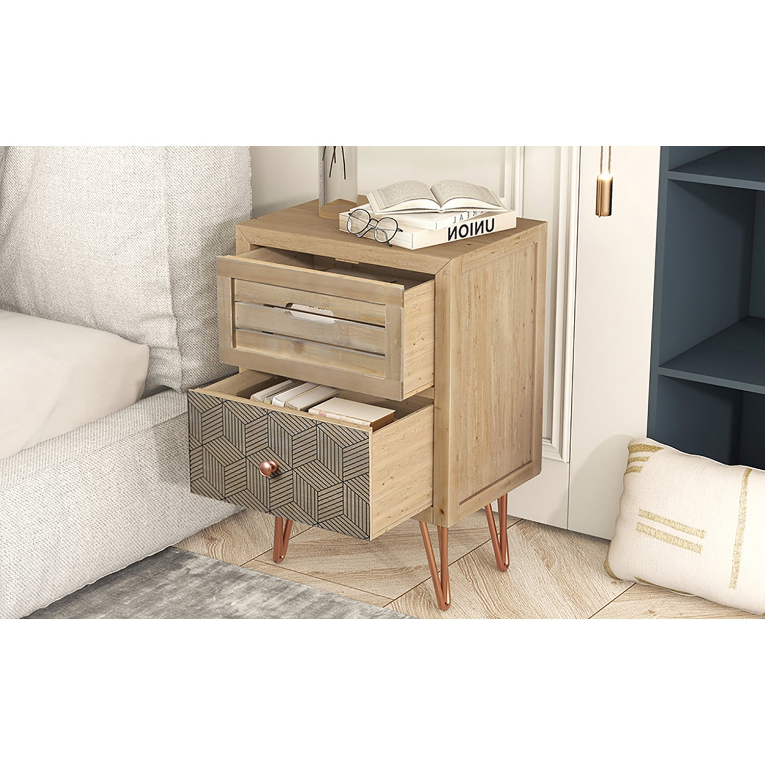 Kepooman Wooden Nightstand with Two Drawer and Metal Feet, Antique Style Bedside Table, Natural Kepooman Wooden Nightstand with Two Drawer and Metal Feet, Antique Style Bedside Table, Natural