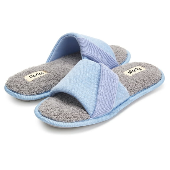 Floopi Women's Soft Waffle Slide W/Accent Knit Strap Open Toe Slipper W/ Memory Foam