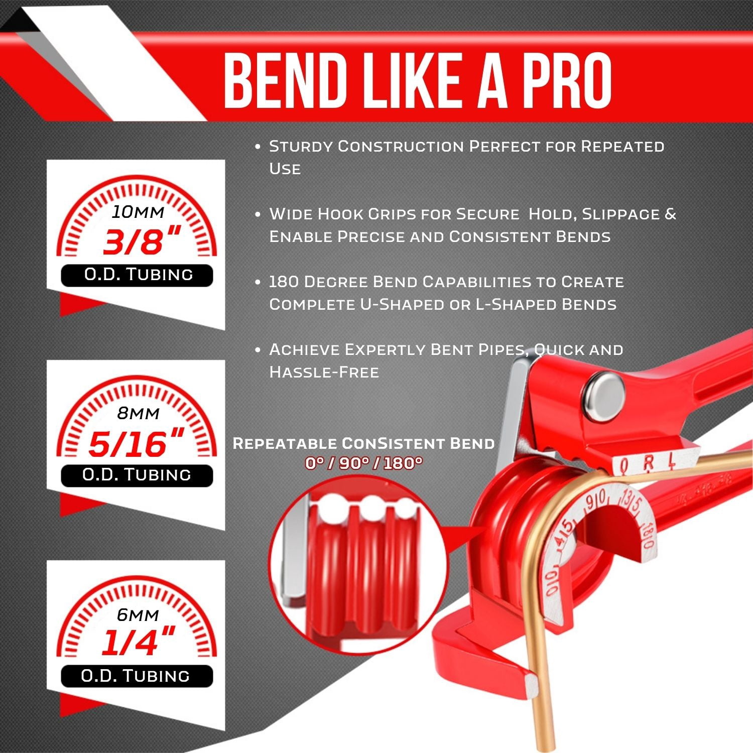 Tube Bender Tool - Manual OD Tubing Bending 3 Size 1/4" 5/16" 3/8" 180 Degree Lever Type Heavy Duty Bend Copper Brass Aluminum & Soft Metal for HVAC Water Gas Pipe Automotive Plumbing (Red)