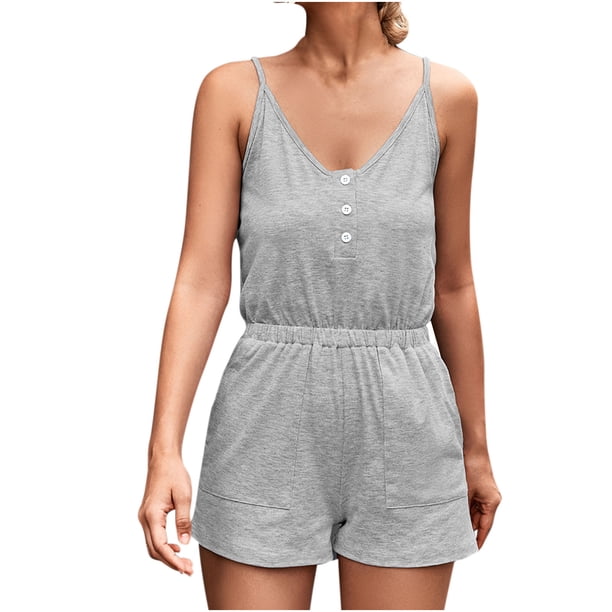 Monos informales para mujer, Sexy, con botones, de Color sólido, con cuello en V, tirantes, sin mangas, a la moda, camisetas sin mangas, monos, pantalones cortos Pompotops ulkah940773