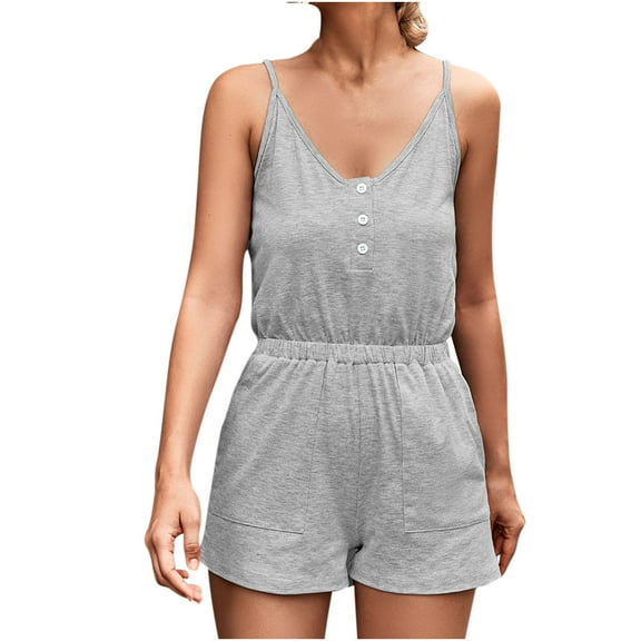Womens Casual Sleeveless Spaghetti Strap V Neck Button Tank Jumpsuits High Waist Solid Short Rompers with Pockets