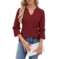 thumbnail image 2 of Women's Summer Tops Women's Fashion Casual V-neck Solid Color Lace 3/4 Sleeve Loose Top T-shirt, 2 of 7