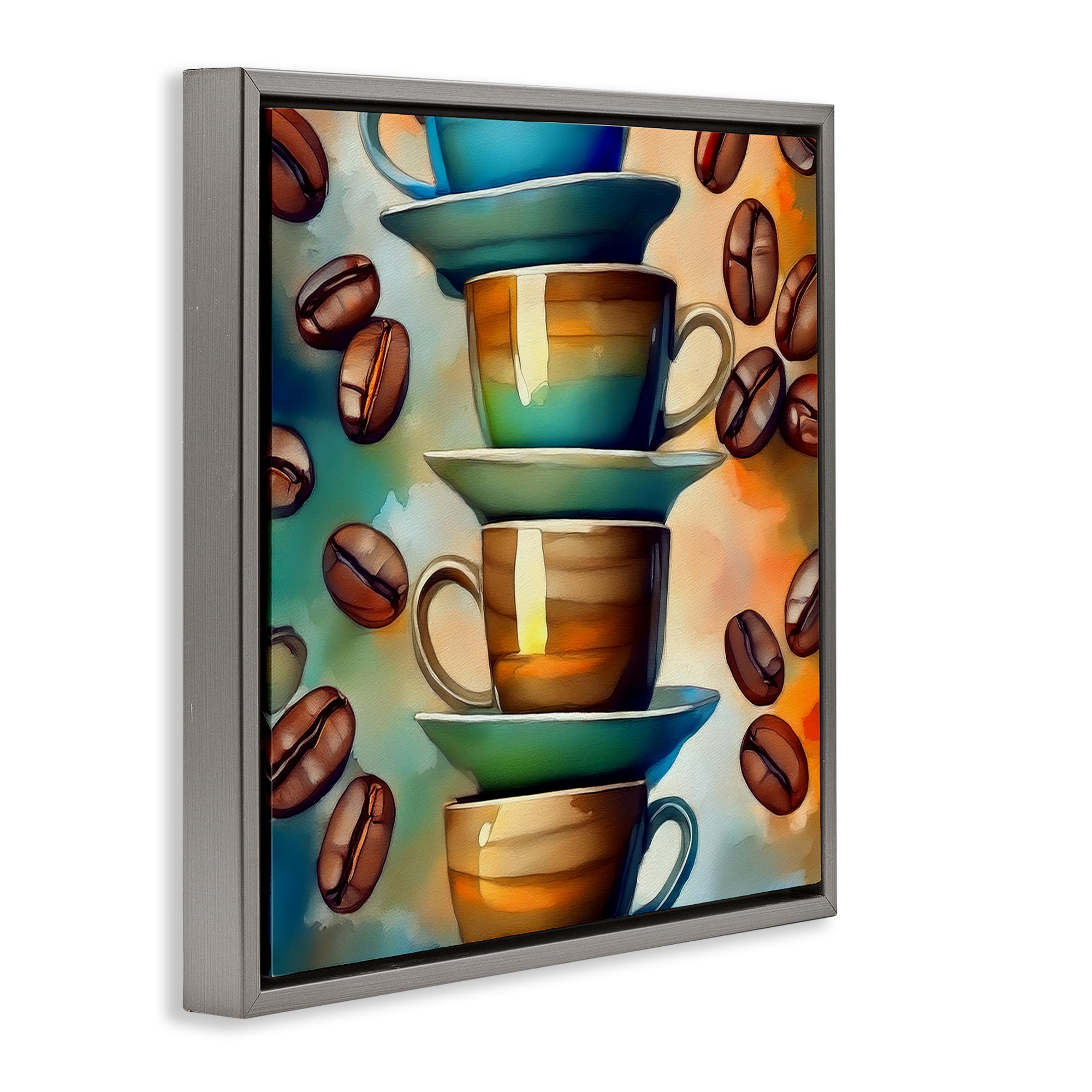Stupell Industries Ceramic Teacups & Coffee Food & Beverage Painting Gray Floater Framed Canvas Art Print Wall Art, 25 x 25