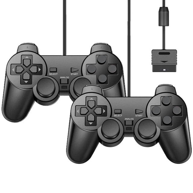RetroFam Paquete de 2 Controles con Cable Compatibles para Consola de Juegos PlayStation 2 PS2, Negro