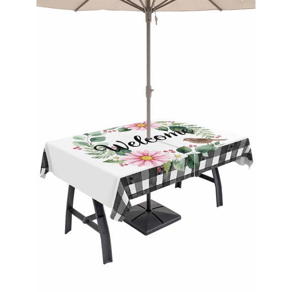 Outdoor Tablecloth with Umbrella Hole for Patio/Picnic/Party/Camping, Spring Pink Flowers Waterproof Table Cloth Rectangle Table Cover Washable, Country Plants Leaves Bird Farmhouse Check (60"x 84")