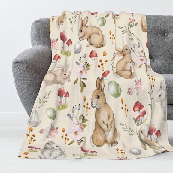 Easter Blanket Cute Bunny Easter Egg Flower Leaves Throw Blanket for Couch, Lightweight Soft and Warm Throws Blankets for Sofa Bed Living Room in Spring Home Bedroom Decor