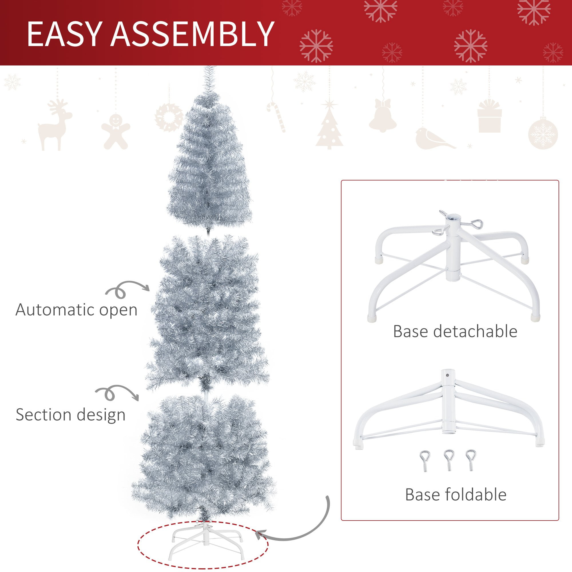 HOMCOM 6FT Artificial Pop-Up Christmas Tree Xmas Holiday Pencil Tree with Automatic Open for Home Office Party Silver