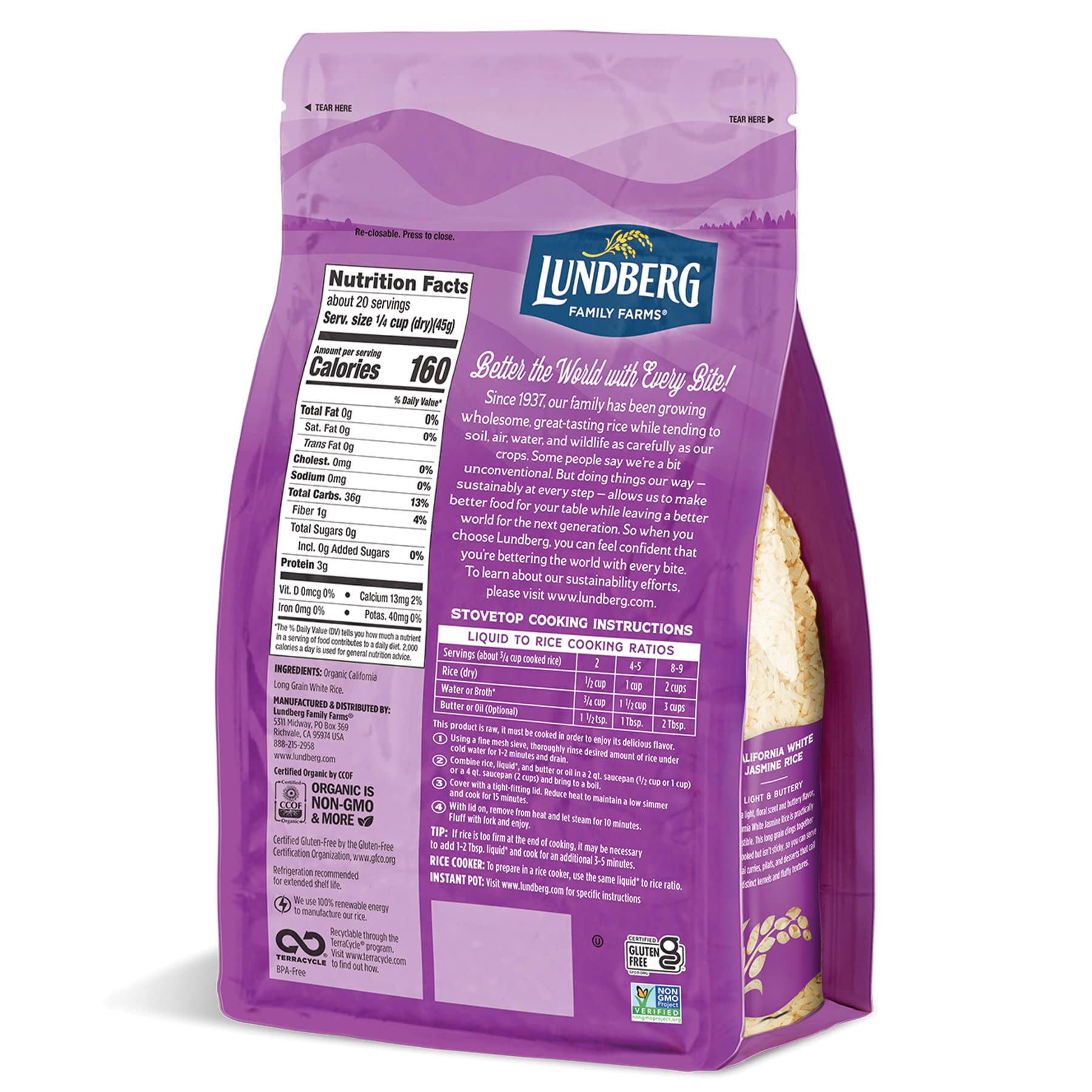 Lundberg Family Farms - Organic California White Jasmine Rice, Floral Scent, Buttery Flavor, Clings When Cooked, Bulk Rice, Gluten-Free, Non-GMO, USDA Certified Organic, Vegan, Kosher (32 oz, 6-Pack)