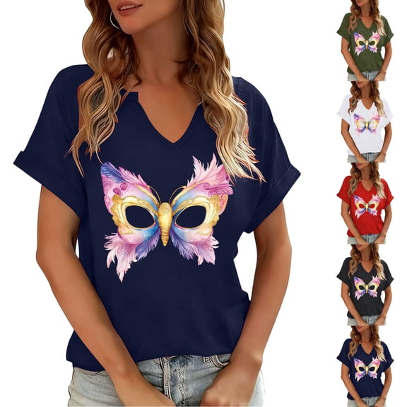 Sexlip Womens Short Sleeve Top V Neck Butterfly Styled Mask Print Loose Sleeve Soft Fabric Relaxed Silhouette for Casual Gatherings Green L