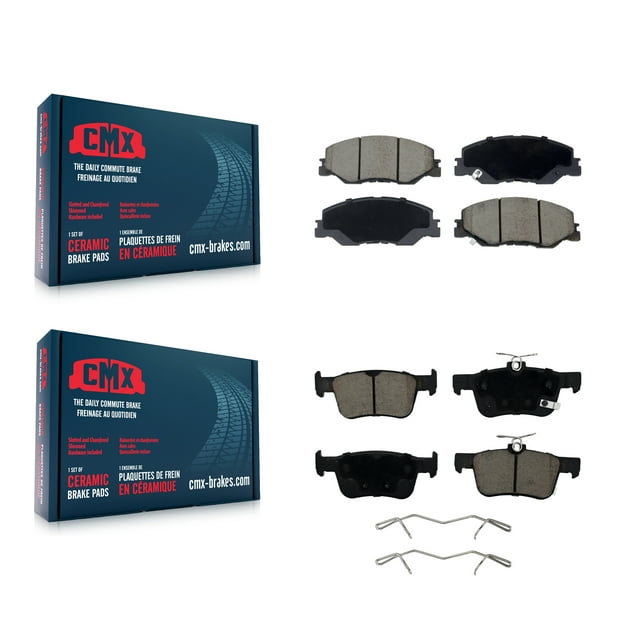 CMX Front Rear Ceramic Brake Pads Kit for Car 2019-2022 Honda Insight KCX-100707. The image displays two sets of ceramic brake pads, one for the front and one for the rear, with included hardware. Designed for 2019-2022 Honda Insight models, the pads feature a CeramiX™ high-density ceramic compound for stable friction, high-temperature stability, and extended durability. Rubberized multi-layer stainless steel shims reduce noise and vibration, while the high-carbon steel alloy construction enhances durability. The CMX-branded packaging is also visible.