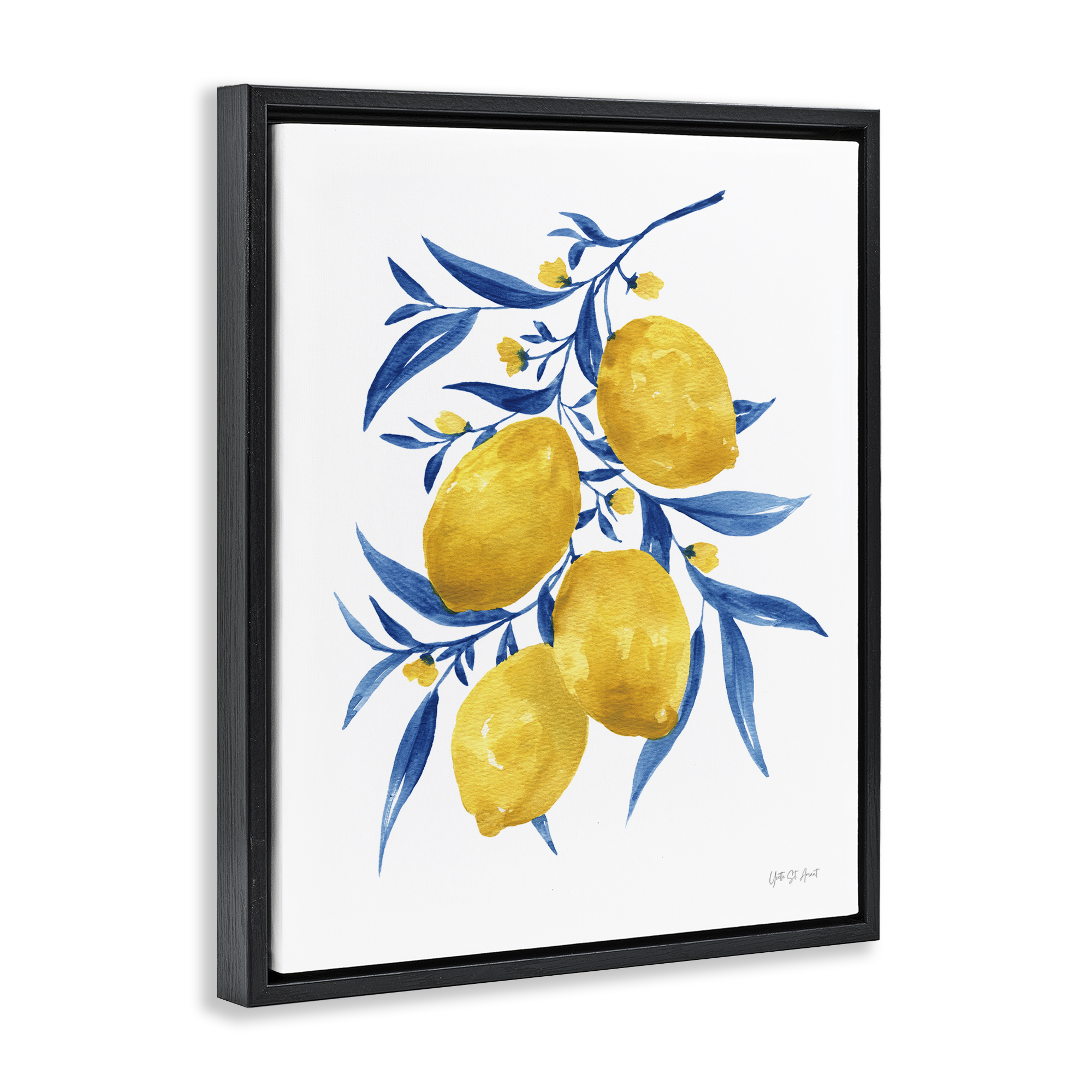 Stupell Industries Blue Leaf Lemons Food & Beverage Painting Black Floater Framed Canvas Art Print Wall Art, 17 x 21