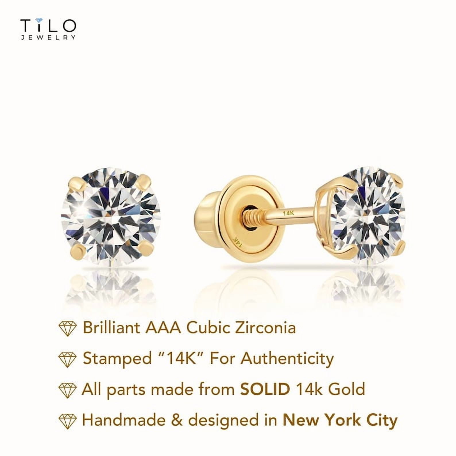3 PAIR SET! 14K Yellow Gold Solitaire Round CZ Stud Post Earrings with Secure Screw-backs | 3mm, 4mm, 5mm | Women, Men, Unisex