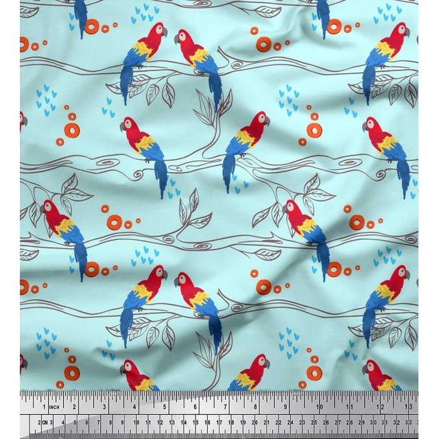 Soimoi Viscose Chiffon Fabric Branches,Leaves & Macaw Parrot Bird Printed Craft Fabric by The Yard 42 Inch Wide