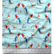 Soimoi Japan Crepe Satin Fabric Branches,Leaves & Macaw Parrot Bird Printed Fabric 1 Yard 42 Inch Wide