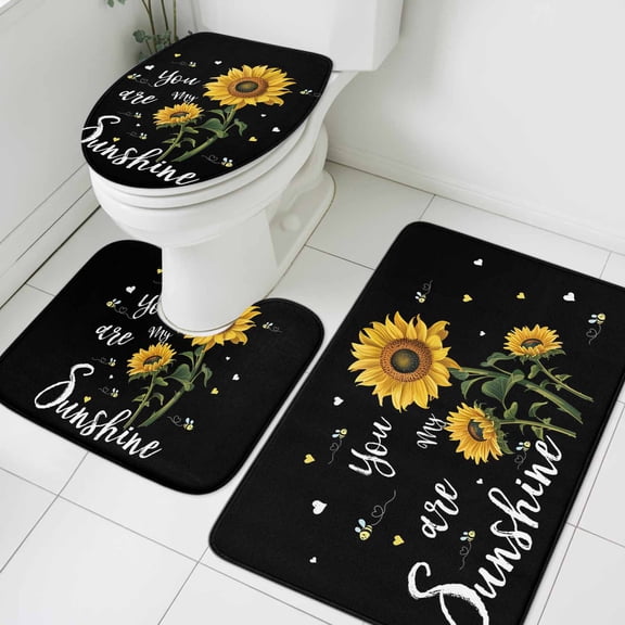 Sunflower Flower Bathroom Rugs Set You Are My Sunshine Bee Spring Plant Black Non Slip Absorbent Soft Bath Mats 3 Piece Set with Bathroom Rug, U-Shaped Floor Mat, Toilet Seat Cover Large Size