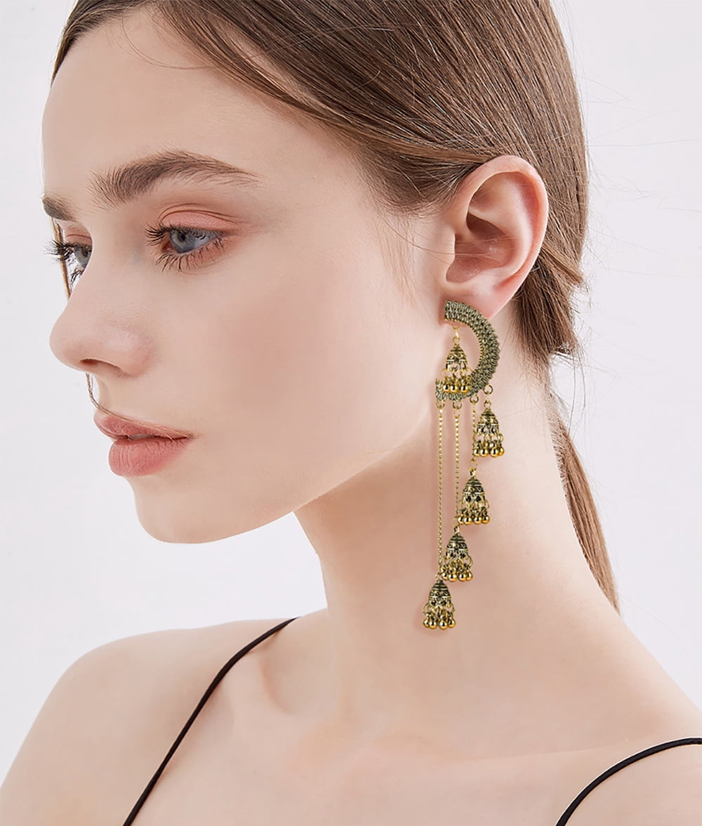 Gold Multiple Jhumki Bell Beaded Long Chain Tassel Dangle Earrings for Women Bohemian Indian Chandelier Drop Half Circle Earring