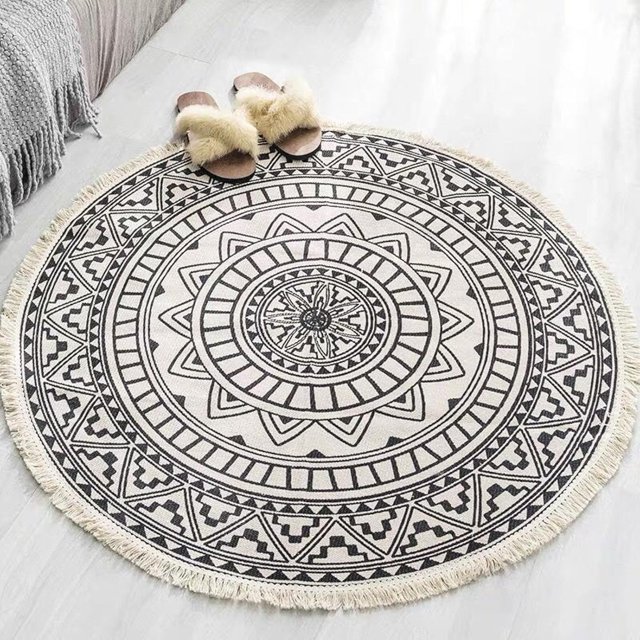 Vintage Design Rug,Cotton and Linen Circular Floor Mat,Non Slip Rugs for Living Room Bedroom Carpet,Home Decor Office, Round 36" 47" 59" 71",Machine Washable