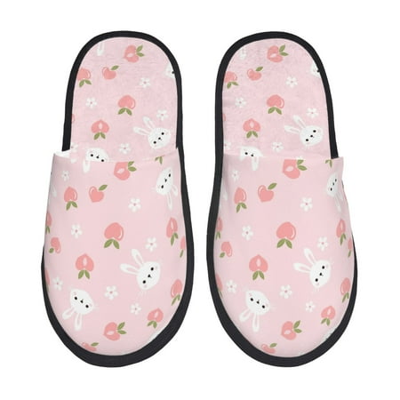 Balery Rabbit And Peach Slient Indoor Furry Fleece Comfort House Shoes Soft Non-Slip Home Shoes Cotton slippers House Slippers-- Large