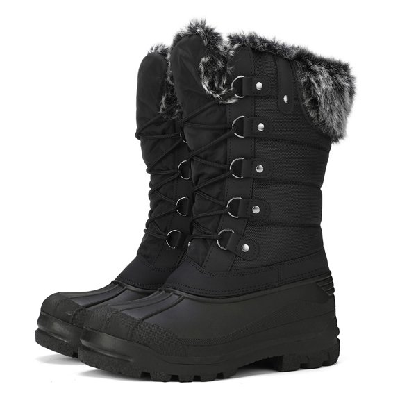 Pennysue Women's Mid-Calf Snow Boots Black Warm Faux Fur Lined Winter Boots Insulated 6M