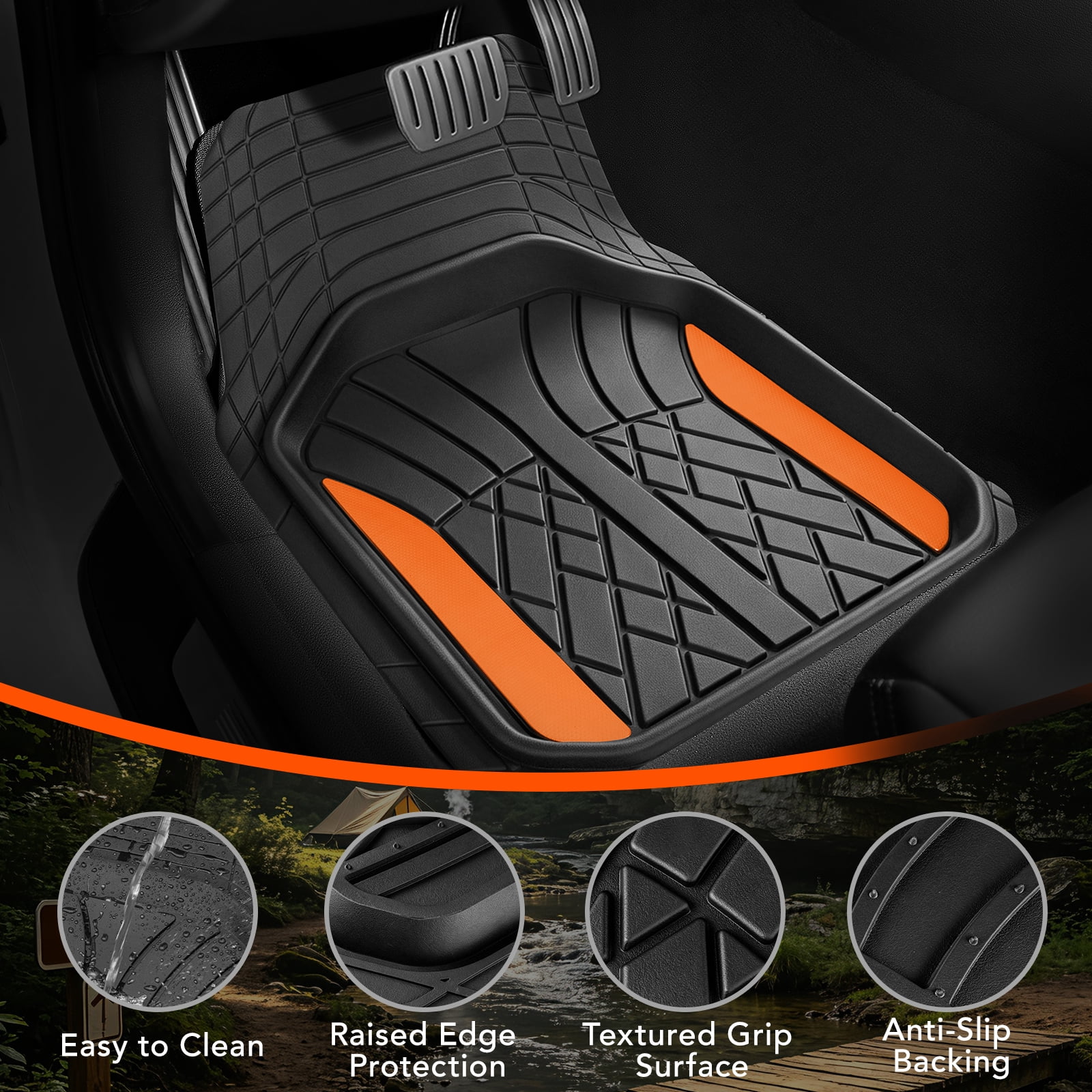 Ozark Trail Rubber Car Floor Mats, Heavy Duty Rubber Floor Mats, Injection Molded Aluminum Film, Trim-to-Fit All Weather Mats, Waterproof Easy-Clean Front and Rear Interior Protection, 3 Piece Orange