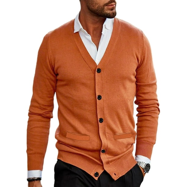 MAWCLOS Mens Cardigan Sweater Long Sleeve Knitted Sweaters V Neck Outwear  Knitwear Winter Button Down Cardigans Orange L