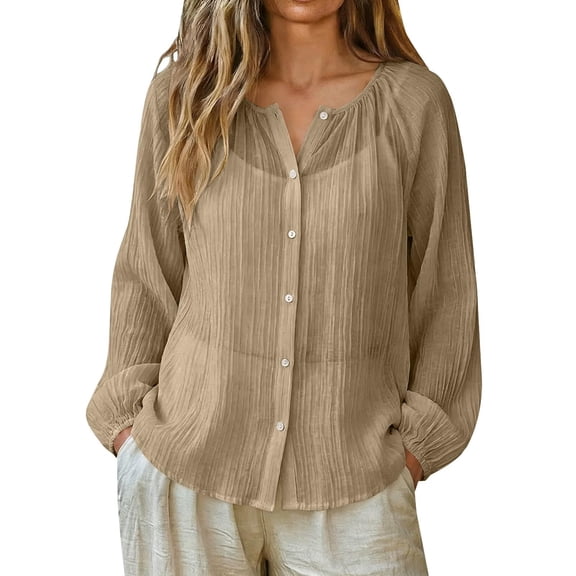 FAIWAD Long Sleeve Shirts for Women Summer Breathable Linen Button Down Blouses Casual Loose Beach Cover Up Top