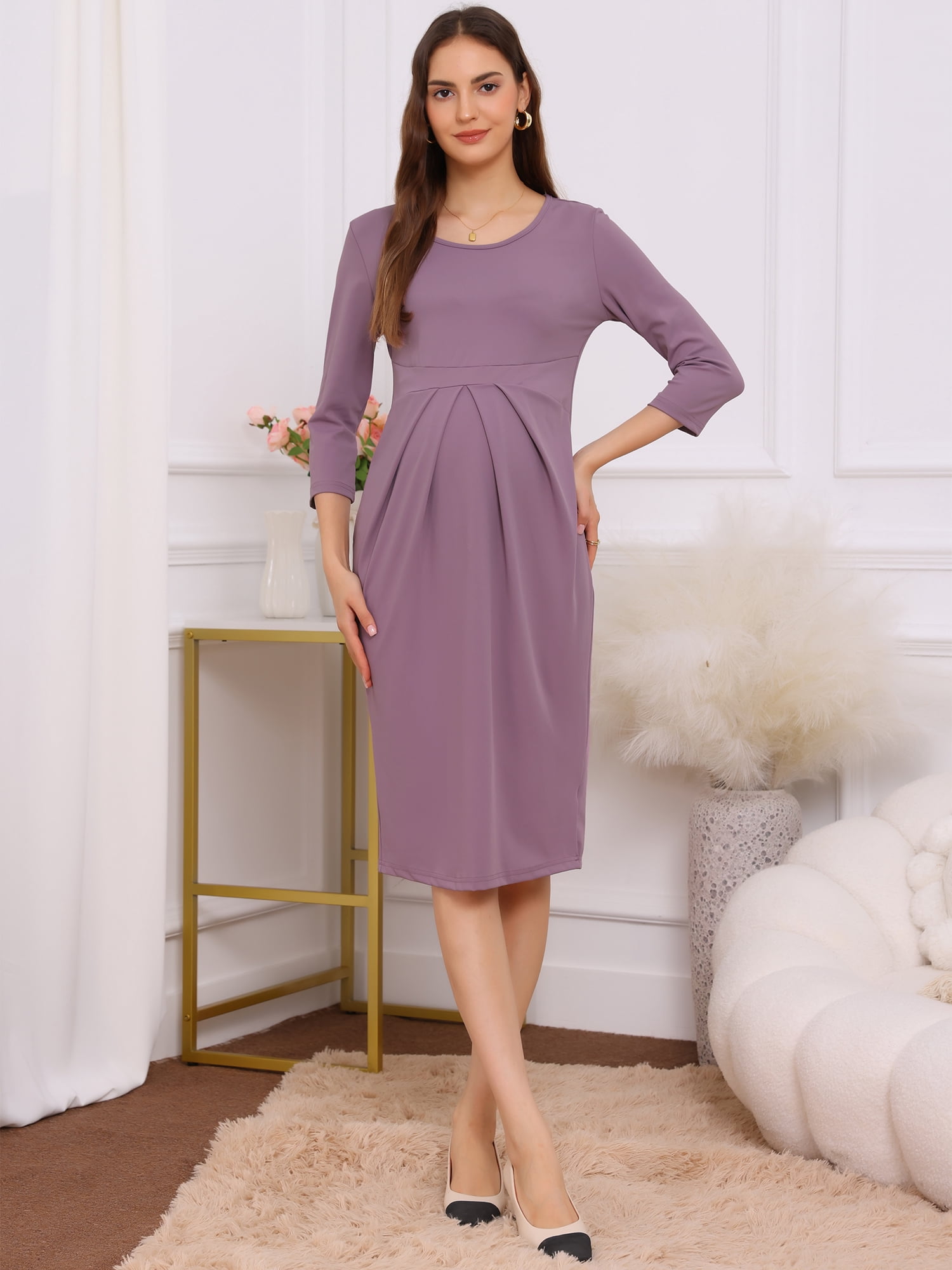DARING DIVA Women's A-line 3/4 Sleeves Front Pleated Maternity Dresses S Mauve