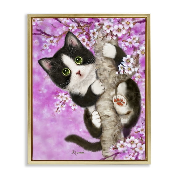 Stupell Industries Cottage Kitten & Cherry Blossoms Gold Floating Frame Canvas Art, 25 x 31, by Kayomi Harai
