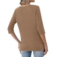 thumbnail image 4 of Qwertyu Womens Tops 3/4 Length Sleeve V Neck Loose Casual Button T Shirts Summer Basic Tees Light Brown 4XL, 4 of 5