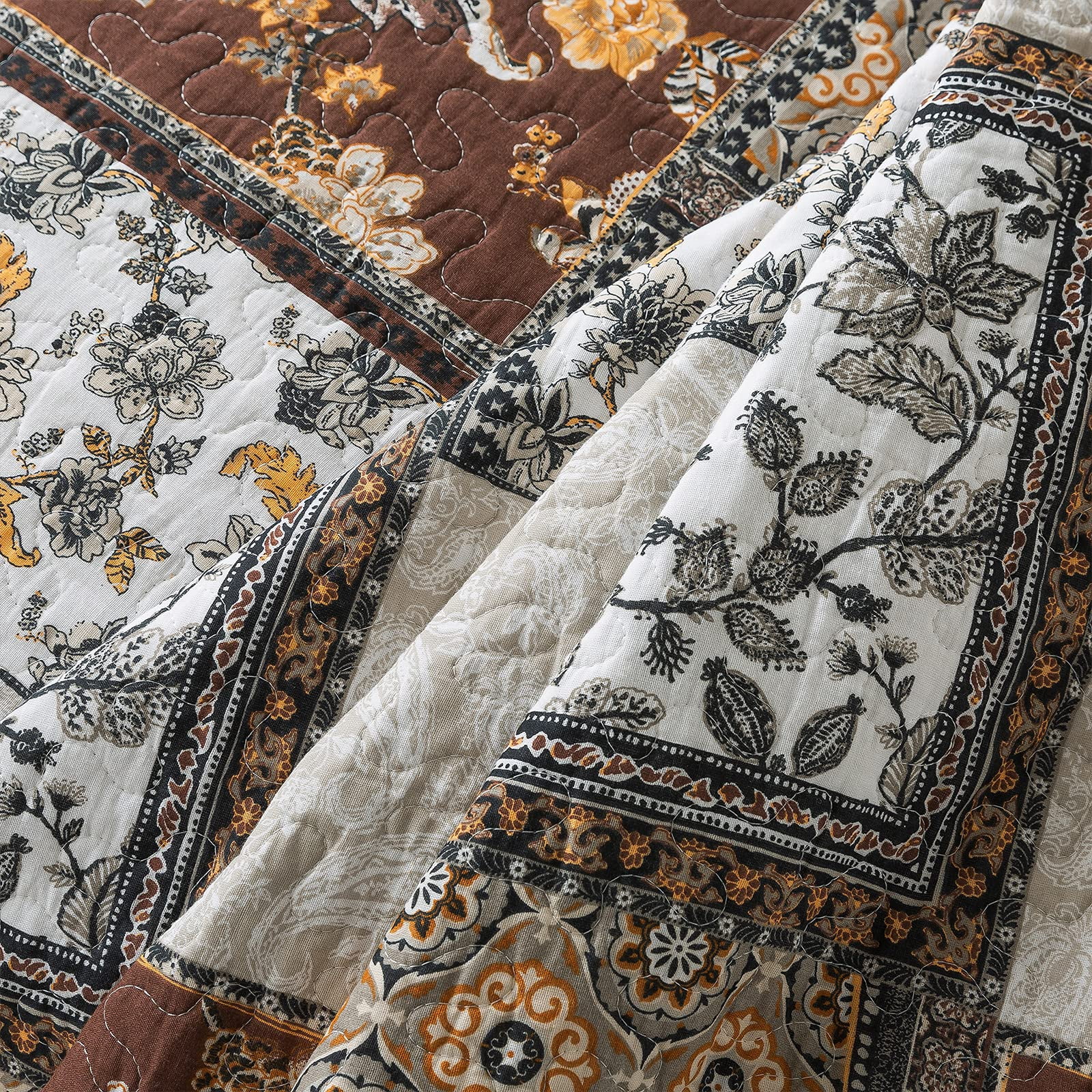 WannaToo Quilt Queen Size Comforter Cotton Bedding Set With Shams, Coffee