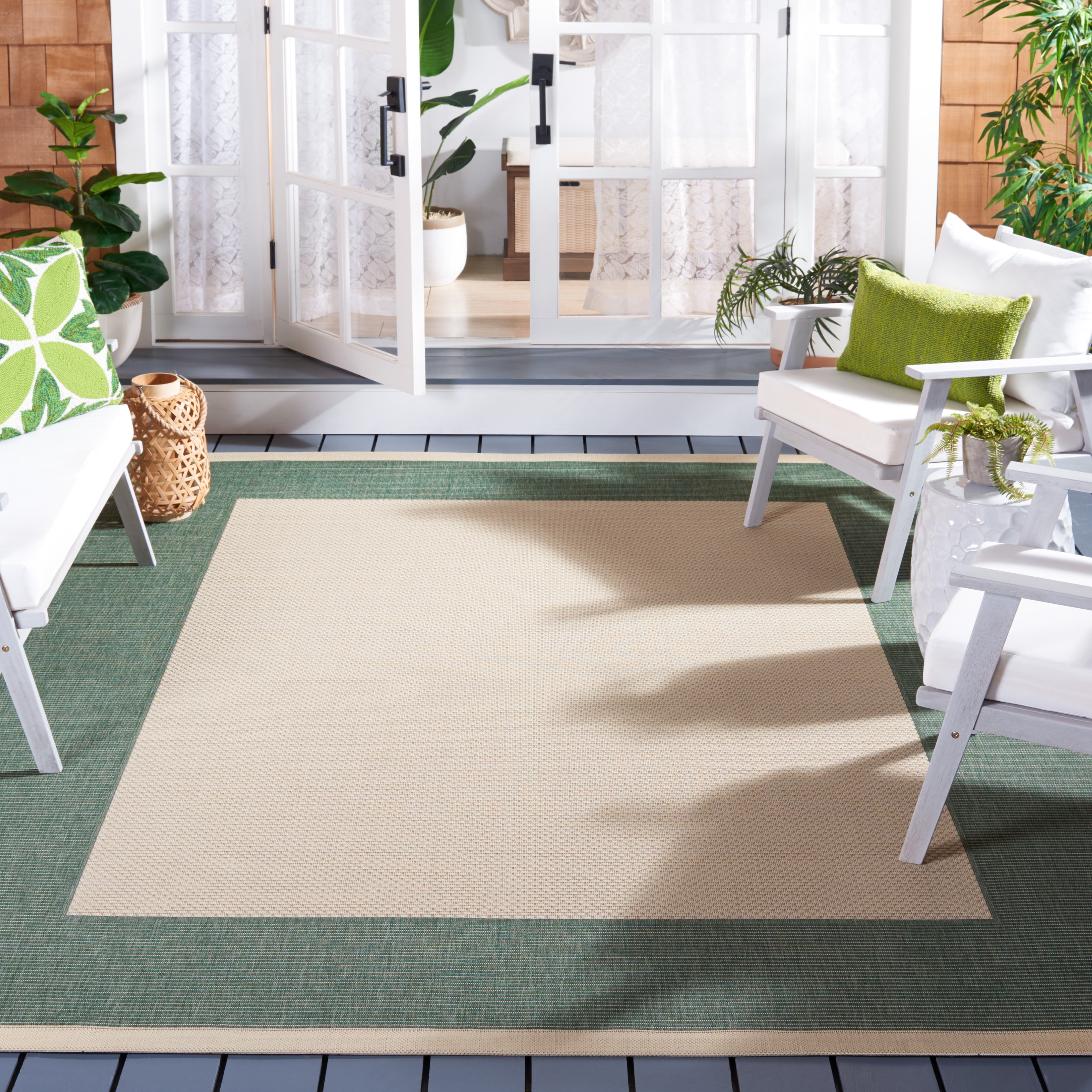 Safavieh Courtyard Justine Bordered Indoor/Outdoor Area Rug, Beige/Dark Green, 10' x 14'
