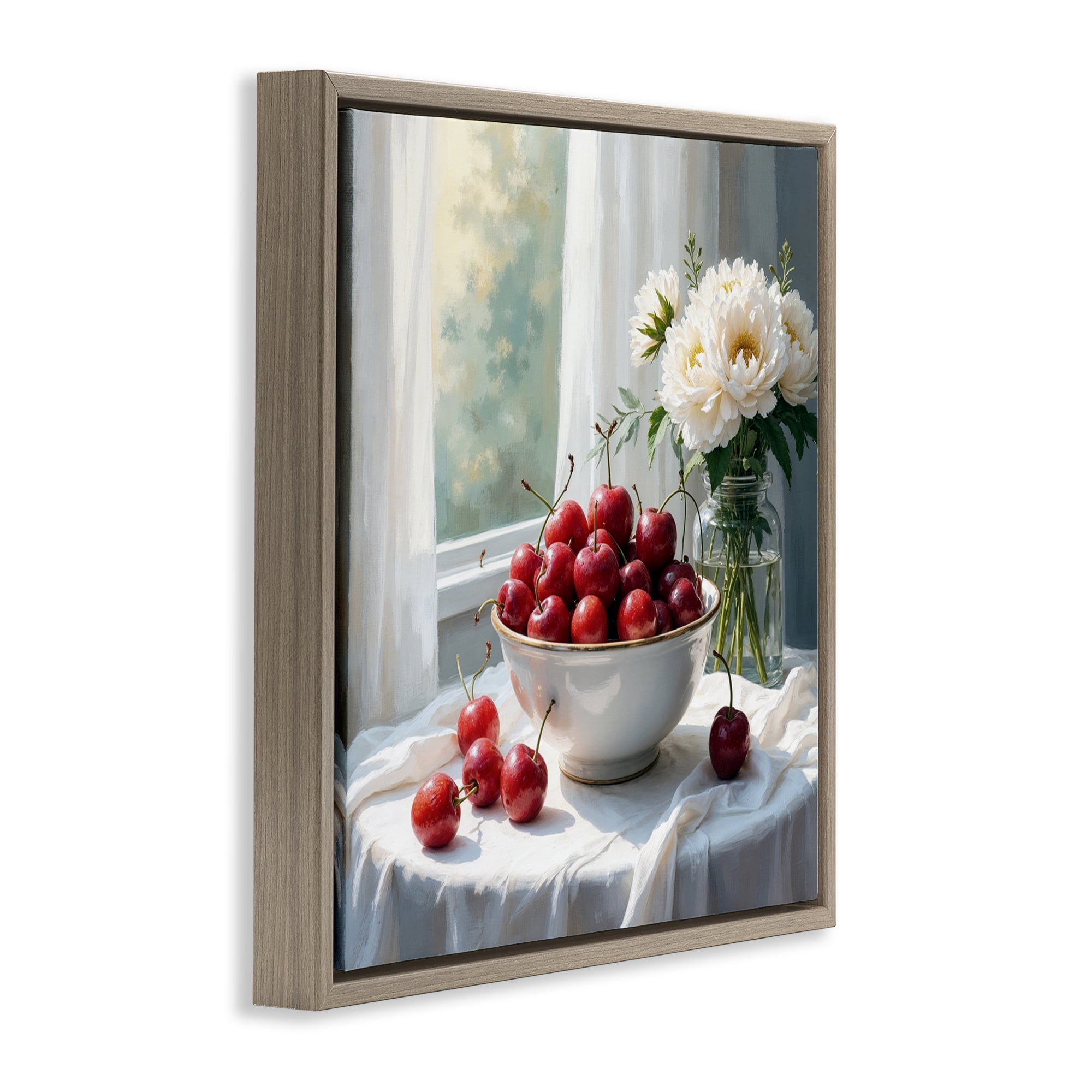 Cherries & Flowers Still Life Brown Framed Floater Canvas Wall Art, design by Lettered and Lined