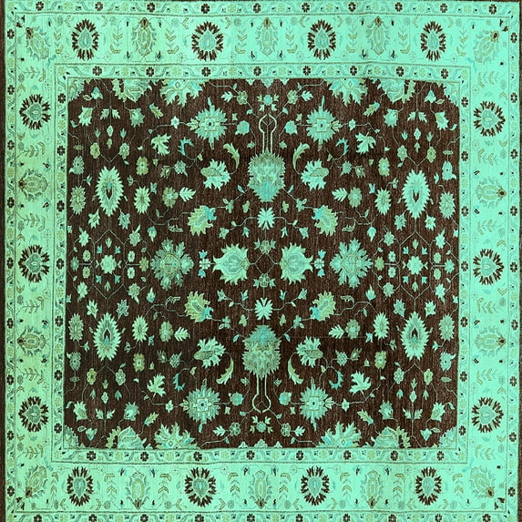 Ahgly Company Machine Washable Indoor Square Oriental Turquoise Blue Industrial Area Rugs, 5' Square