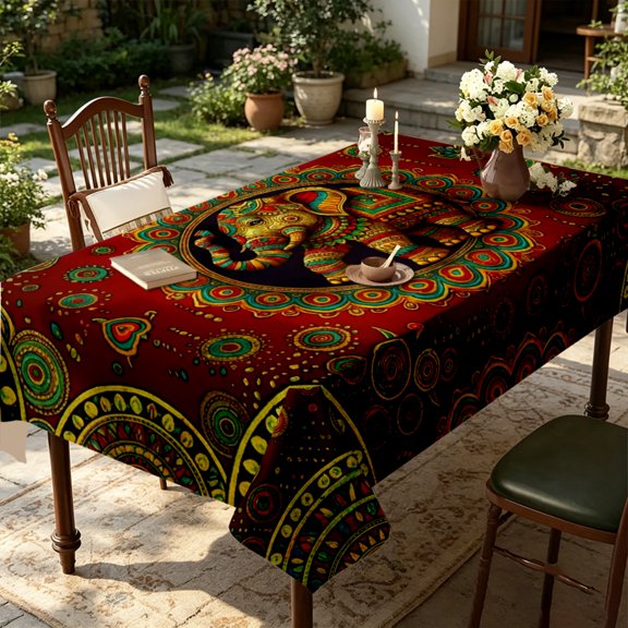 Festive South Asian Elephant & Flower Medallion Print Tablecloth,35x55/55x55/55x70/60x86/60x94/60x102 inch,Polyester,Kitchen Dining Living Room Home Decor