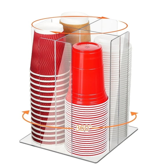 IWNTWY Rotating Cup Dispenser, 4-Compartment Countertop Acrylic Cup and Lid Holder for Restaurant Breakroom Coffee Bar