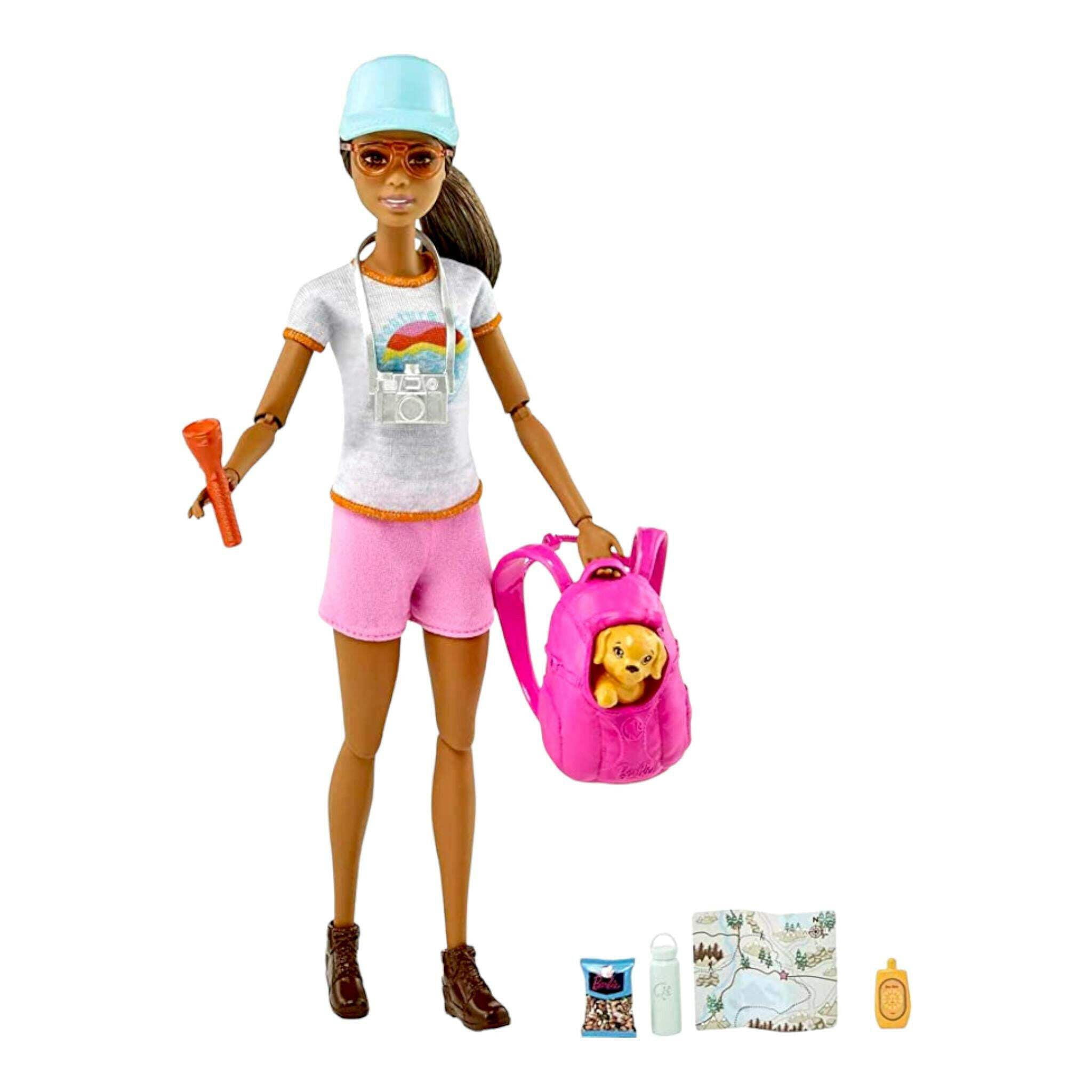 Barbie Hiking Doll with 9 Accessories Including Puppy, Backpack, Map & More, Brunette Doll