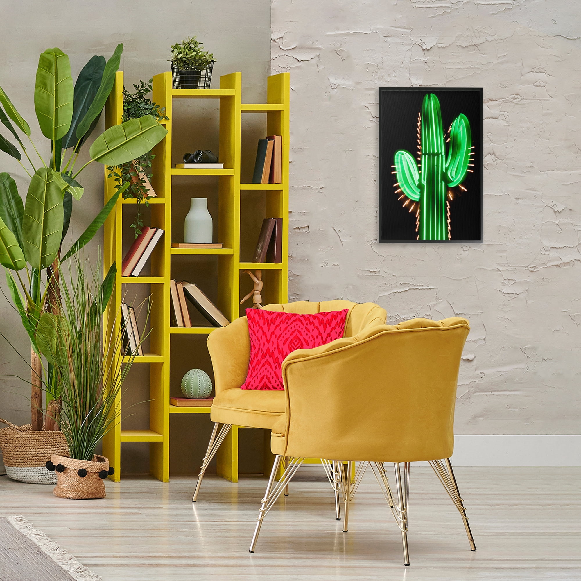 Stupell Industries Neon Lights Cactus Botanical & Floral Painting Black Framed Art Print Wall Art, 16 x 24