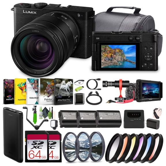 Panasonic LUMIX S9 Mirrorless Full Frame Camera with 28-200mm L Mount Lens - Black -Bundle with 2x 64GB Memory Card   Lilliput 7" Full HD Monitor   Video LED Light   Rode Microphone and More