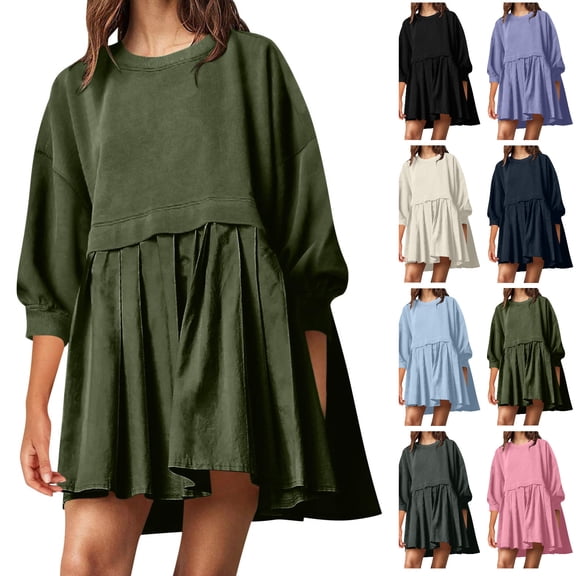 Tumotour 3/4 Sleeve Summer T-Shirt Dress for Women's Ruffled Pleated Hem Patchwork Crew Neck Mini Dress Casual Loose Beach Sundress