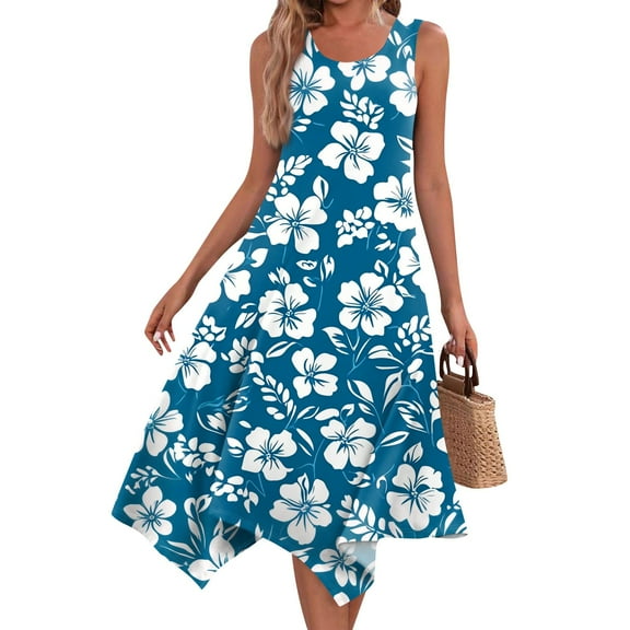 XDDLITP Blue Dresses for Women Handkerchief Hem Midi Round Neck Dresses Sleeveless A-Line Sundress Summer Vacation Beach Floral Graphic Dress with Pockets,Blue L
