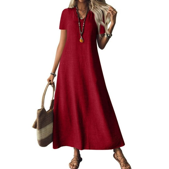 Evdexr Maxi Dresses Women Linen Cotton Dress Flowy V Neck Solid Colour Short Sleeve A-Line Dresses Plus Size Baggy Tunic Summer Shirt Dress with Pockets Wine S