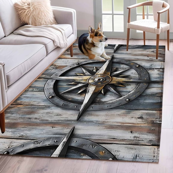 Vintage Coastal Area Rug 4x6 Washable Rug Non Slip Compass Nautical Summer Beach Large Area Rug Indoor Floor Carpet for Entryway Bedroom Kitchen Living Room Home Office Dining Room Nursery